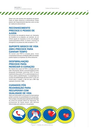 SECÇÃO 1

A CADEIA DE SOBREVIVÊNCIA

Cadeia de Sobrevivência
13

Salvar uma vida envolve uma sequência de passos
Cada um deles influencia a sobrevivência. Esses
passos são frequentemente descritos como os elos
da “cadeia de sobrevivência”.

Reconhecimento
precoce e pedido de
ajuda

Os serviços de emergência devem ser chamados
de imediato se se suspeitar, por exemplo, de um
enfarte agudo do miocárdio ou de uma paragem
cardiorrespiratória (PCR). O número universal de
emergência nos países da união europeia é o 112.

Suporte Básico de Vida
(SBV) precoce para
ganhar tempo

Se ocorrer uma PCR (o coração pára), iniciar
compressões torácicas e ventilações (SBV) de imediato
poderá duplicar as hipóteses da vítima sobreviver.

Desfibrilhação
precoce para
reiniciar o coração

Na maioria dos casos de PCR o coração pára de
bater, eficazmente, devido a uma perturbação do ritmo
designada fibrilhação ventricular (FV). O único
tratamento eficaz para a FV é a administração de um
choque elétrico (desfibrilhação). A probabilidade de
sucesso da desfibrilhação decresce entre 7 a 10% por
minuto após o colapso, a não ser que o SBV seja
realizado (Cummins, 1989).

Cuidados pós
reanimação para
recuperar com
qualidade de vida

Após uma reanimação com sucesso os reanimadores
podem aumentar as possibilidades de recuperação.
Para os leigos, isto pode passar apenas pela colocação
da vítima em posição lateral de segurança. Os
profissionais de saúde devem usar técnicas
diferenciadas para optimizar a recuperação.

Figura 1: Cadeia de sobrevivência

notas:

 