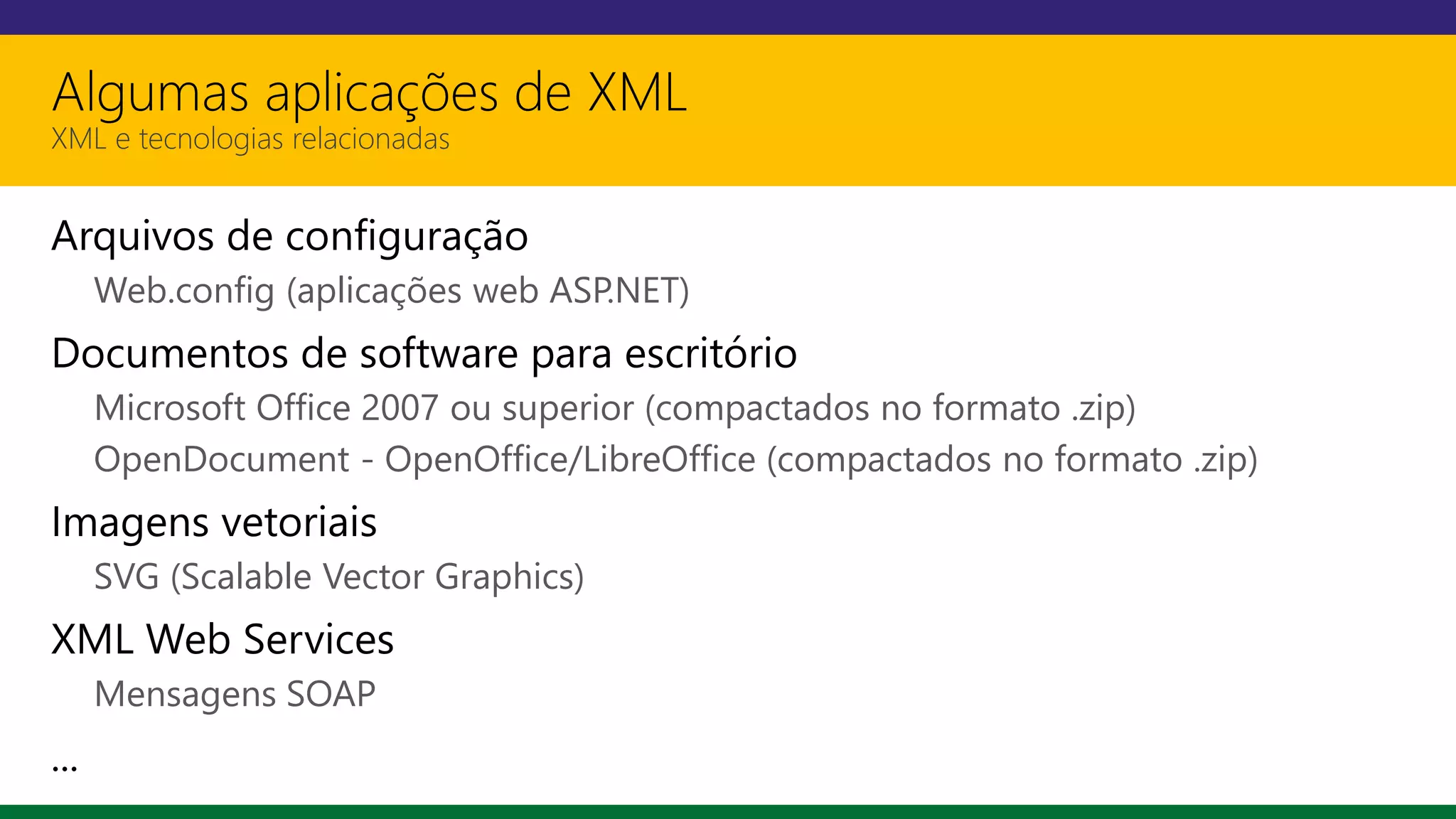Algumas aplicações de XML
XML e tecnologias relacionadas
Arquivos de configuração
Web.config (aplicações web ASP.NET)
Documentos de software para escritório
Microsoft Office 2007 ou superior (compactados no formato .zip)
OpenDocument - OpenOffice/LibreOffice (compactados no formato .zip)
Imagens vetoriais
SVG (Scalable Vector Graphics)
XML Web Services
Mensagens SOAP
...
 