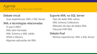 Agenda
Suporte XML nativo no SQL Server 2014/2016
Debate inicial
Suas experiências: XML e SQL Server
XML e tecnologias relacionadas
O que é XML?
XML bem-formado
XML Schema e XML válido
XPath e XQuery
Algumas aplicações de XML
Suporte XML no SQL Server
Tipo de dado XML nativo
XML Schema Collections
Métodos do tipo de dados XML
Cláusula FOR XML
Debate final
Minhas experiências: XML e SQL Server
 