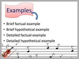 • Brief factual example
• Brief hypothetical example
• Detailed factual example
• Detailed hypothetical example
Examples
 