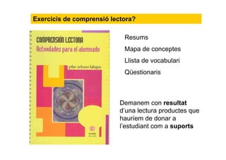 Demanem con resultat
d’una lectura productes que
hauríem de donar a
l’estudiant com a suports
Resums
Mapa de conceptes
Llista de vocabulari
Qüestionaris
Exercicis de comprensió lectora?
 