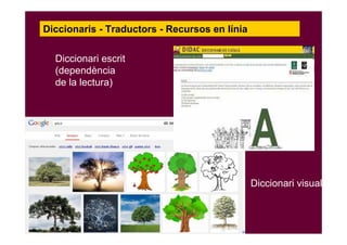 Diccionaris - Traductors - Recursos en línia
Diccionari escrit
(dependència
de la lectura)
Diccionari visual
 