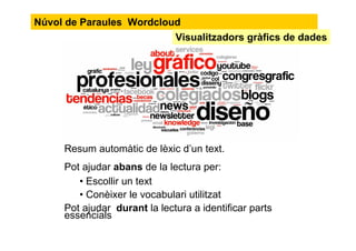 Núvol de Paraules Wordcloud
Resum automàtic de lèxic d’un text.
Pot ajudar abans de la lectura per:
• Escollir un text
• Conèixer el vocabulari utilitzat
Pot ajudar durant la lectura a identificar parts
essencials
Visualitzadors gràfics de dades
 