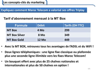 Les concepts-clés du marketing
105
Expliquez comment Maroc Telecom a valorisé ses offres Triplay
Formule Débit Tarifs (DH TTC)
MT Box 4 Mo 299
MT Box Silver 8 Mo 349
MT Box Gold 12 Mo 449
Tarif d’abonnement mensuel à la MT Box
• Avec la MT BOX, retrouvez tous les avantages de l’ADSL et du WiFi !
• Deux lignes téléphoniques : une ligne fixe classique ou plafonnée
plus une seconde ligne illimitée vers les fixes Maroc Telecom!
• Un bouquet offert avec plus de 25 chaînes nationales et
internationales et plus de 50 chaînes en option !
 
