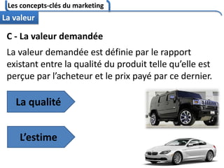 Les concepts-clés du marketing
107
La valeur
C - La valeur demandée
La valeur demandée est définie par le rapport
existant entre la qualité du produit telle qu’elle est
perçue par l’acheteur et le prix payé par ce dernier.
La qualité
L’estime
 