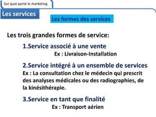 Les formes des services
Les trois grandes formes de service:
1.Service associé à une vente
Ex : Livraison-Installation
2.Service intégré à un ensemble de services
Ex : La consultation chez le médecin qui prescrit
des analyses médicales ou des radiographies, de
la kinésithérapie.
3.Service en tant que finalité
Ex : Transport aérien
Sur quoi porte le marketing
Les services
 