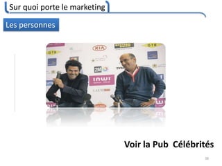 Sur quoi porte le marketing
38
Les personnes
Voir la Pub Célébrités
 