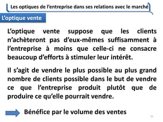 Les optiques de l’entreprise dans ses relations avec le marché
55
L’optique vente suppose que les clients
n’achèteront pas d’eux-mêmes suffisamment à
l’entreprise à moins que celle-ci ne consacre
beaucoup d’efforts à stimuler leur intérêt.
Il s’agit de vendre le plus possible au plus grand
nombre de clients possible dans le but de vendre
ce que l’entreprise produit plutôt que de
produire ce qu’elle pourrait vendre.
L’optique vente
Bénéfice par le volume des ventes
 