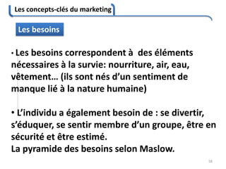 Les concepts-clés du marketing
58
Les besoins
• Les besoins correspondent à des éléments
nécessaires à la survie: nourriture, air, eau,
vêtement… (ils sont nés d’un sentiment de
manque lié à la nature humaine)
• L’individu a également besoin de : se divertir,
s’éduquer, se sentir membre d’un groupe, être en
sécurité et être estimé.
La pyramide des besoins selon Maslow.
 