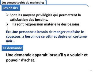 Les concepts-clés du marketing
64
Les désirs
 Sont les moyens privilégiés qui permettent la
satisfaction des besoins.
 Ils sont l’expression matérielle des besoins.
Ex: Une personne a besoin de manger et désire le
couscous; a besoin de se vêtir et désire un costume
noir…
Une demande apparait lorsqu’il y a vouloir et
pouvoir d’achat.
La demande
 