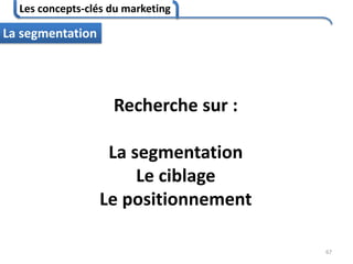Les concepts-clés du marketing
67
La segmentation
Recherche sur :
La segmentation
Le ciblage
Le positionnement
 