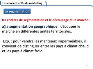 Les concepts-clés du marketing
72
La segmentation
les critères de segmentation et le découpage d’un marché :
a)la segmentation géographique : découper le
marché en différentes unités territoriales.
Exp. : pour vendre les manteaux imperméables, il
convient de distinguer entre les pays à climat chaud
et les pays à climat froid.
 