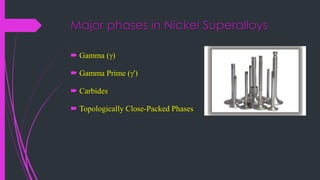 Major phases in Nickel Superalloys
 Gamma (g)
 Gamma Prime (g')
 Carbides
 Topologically Close-Packed Phases
 