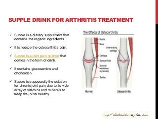 SUPPLE DRINK FOR ARTHRITIS TREATMENT

 Supple is a dietary supplement that
  contains the organic ingredients.

 It is reduce the osteoarthritis pain.

 Supple is a joint pain reliever that
  comes in the form of drink.

 It contains glucosamine and
  chondroitin.

 Supple is supposedly the solution
  for chronic joint pain due to its vide
  array of vitamins and minerals to
  keep the joints healthy.
 