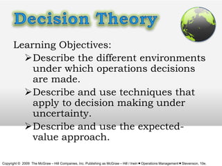 Learning Objectives:
Describe the different environments
under which operations decisions
are made.
Describe and use tec...