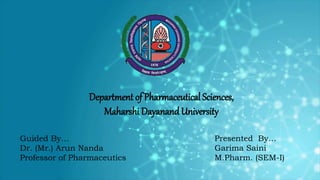 Department of Pharmaceutical Sciences,
Maharshi DayanandUniversity
Presented By…
Garima Saini
M.Pharm. (SEM-I)
Guided By…
Dr. (Mr.) Arun Nanda
Professor of Pharmaceutics
 
