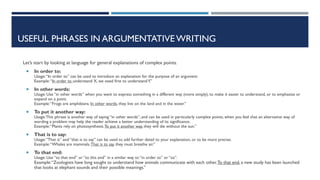 USEFUL PHRASES IN ARGUMENTATIVE WRITING
Let’s start by looking at language for general explanations of complex points.
 In order to:
Usage:“In order to” can be used to introduce an explanation for the purpose of an argument.
Example:“In order to understand X, we need first to understandY.”
 In other words:
Usage: Use “in other words” when you want to express something in a different way (more simply), to make it easier to understand, or to emphasise or
expand on a point.
Example:“Frogs are amphibians. In other words, they live on the land and in the water.”
 To put it another way:
Usage:This phrase is another way of saying “in other words”, and can be used in particularly complex points, when you feel that an alternative way of
wording a problem may help the reader achieve a better understanding of its significance.
Example:“Plants rely on photosynthesis.To put it another way, they will die without the sun.”
 That is to say:
Usage:“That is” and “that is to say” can be used to add further detail to your explanation, or to be more precise.
Example:“Whales are mammals.That is to say, they must breathe air.”
 To that end:
Usage: Use “to that end” or “to this end” in a similar way to “in order to” or “so”.
Example:“Zoologists have long sought to understand how animals communicate with each other.To that end, a new study has been launched
that looks at elephant sounds and their possible meanings.”
 