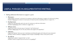 USEFUL PHRASES IN ARGUMENTATIVE WRITING
 Adding additional information to support a point
 Moreover:
Usage: Employ “moreover” at the start of a sentence to add extra information in support of a point you’re making.
Example:“Moreover, the results of a recent piece of research provide compelling evidence in support of…”
 Furthermore:
Usage:This is also generally used at the start of a sentence, to add extra information.
Example:“Furthermore, there is evidence to suggest that…”
 What’s more:
Usage:This is used in the same way as “moreover” and “furthermore”.
Example:“What’s more, this isn’t the only evidence that supports this hypothesis.”
 Likewise:
Usage: Use “likewise” when you want to talk about something that agrees with what you’ve just mentioned.
Example:“Scholar A believes X. Likewise, Scholar B argues compellingly in favour of this point of view.”
 As well as:
Usage: Use “as well as” instead of “also” or “and”.
Example:“Scholar A argued that this was due to X, as well asY.”
 