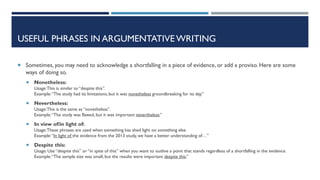 USEFUL PHRASES IN ARGUMENTATIVE WRITING
 Sometimes, you may need to acknowledge a shortfalling in a piece of evidence, or add a proviso. Here are some
ways of doing so.
 Nonetheless:
Usage:This is similar to “despite this”.
Example:“The study had its limitations, but it was nonetheless groundbreaking for its day.”
 Nevertheless:
Usage:This is the same as “nonetheless”.
Example:“The study was flawed, but it was important nevertheless.”
 In view of/in light of:
Usage:These phrases are used when something has shed light on something else.
Example:“In light of the evidence from the 2013 study, we have a better understanding of…”
 Despite this:
Usage: Use “despite this” or “in spite of this” when you want to outline a point that stands regardless of a shortfalling in the evidence.
Example:“The sample size was small, but the results were important despite this.”
 