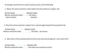 To change a sentence from active to passive voice, do the following:
1. Move the active sentence's direct object into the sentence's subject slot
ACTIVE VOICE PASSIVE VOICE
Marilynmailed the letter the letter....
(direct object) (subject)
2. Place the active sentence's subject intoa phrase beginningwith the preposition by
ACTIVE VOICE PASSIVE VOICE
Marilynmailed the letter the letter....by marilyn
3. Add a form of the auxiliaryverb be to the main verb and change the main verb's form
ACTIVE VOICE PASSIVE VOIE
Marilynmailed the letter the letter was mailed by marilyn
 