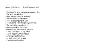 speaks English well. English is spoken well
1.The students write many exercises every day.
2.We write many letters.
3.John alwaysopens the windows.
4.He smokes many cigarettes.
5.John is speaking English well.
6.The students are writing many exercises.
7.We are writing many letters.
8.She may work on this project.
9.He can study his lessons in the class.
10.He is smoking many cigarettes.
11.John is opening the windows.
12.He might quit smoking.
13.I shall bring a gift for you.
14.We will watch the film.
 