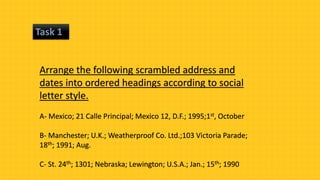 Task 1
Arrange the following scrambled address and
dates into ordered headings according to social
letter style.
A- Mexico; 21 Calle Principal; Mexico 12, D.F.; 1995;1st, October
B- Manchester; U.K.; Weatherproof Co. Ltd.;103 Victoria Parade;
18th; 1991; Aug.
C- St. 24th; 1301; Nebraska; Lewington; U.S.A.; Jan.; 15th; 1990
 