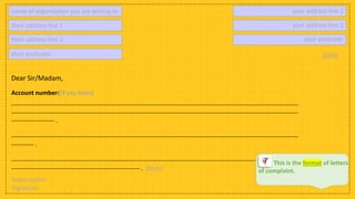date
name of organization you are writing to
their address line 1
their address line 2
their postcode
your address line 1
your address line 2
your postcode
Dear Sir/Madam,
Account number:[if you have]
---------------------------------------------------------------------------------------------------------------------------------------------
---------------------------------------------------------------------------------------------------------------------------------------------
--------------------- .
---------------------------------------------------------------------------------------------------------------------------------------------
----------- .
---------------------------------------------------------------------------------------------------------------------------------------------
--------------------------------------------------------------- . (Body)
Subscription
Signature
This is the format of letters
of complaint.
 
