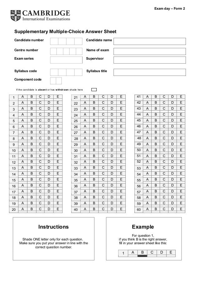 Supplementary multiple choice answer sheet - exam day - form 2