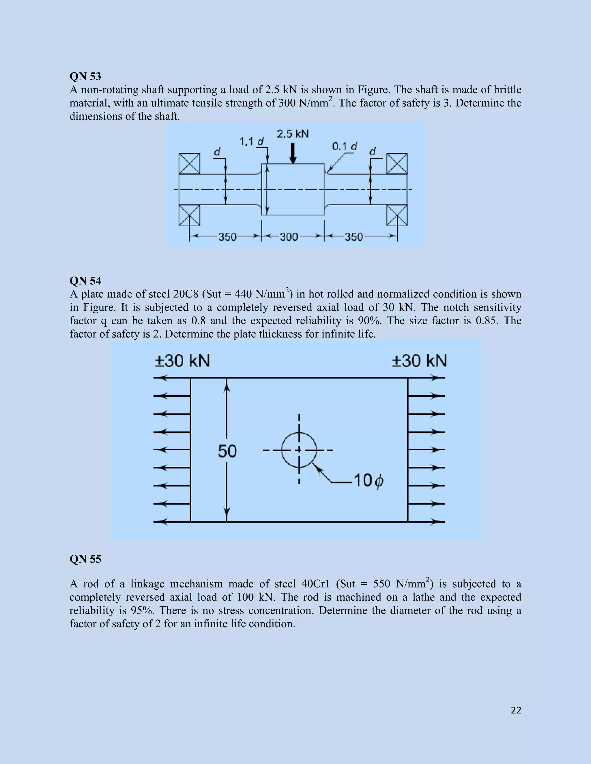 22
QN 53
A non-rotating shaft supporting a load of 2.5 kN is shown in Figure. The shaft is made of brittle
material, with an ultimate tensile strength of 300 N/mm2
. The factor of safety is 3. Determine the
dimensions of the shaft.
QN 54
A plate made of steel 20C8 (Sut = 440 N/mm2
) in hot rolled and normalized condition is shown
in Figure. It is subjected to a completely reversed axial load of 30 kN. The notch sensitivity
factor q can be taken as 0.8 and the expected reliability is 90%. The size factor is 0.85. The
factor of safety is 2. Determine the plate thickness for infinite life.
QN 55
A rod of a linkage mechanism made of steel 40Cr1 (Sut = 550 N/mm2
) is subjected to a
completely reversed axial load of 100 kN. The rod is machined on a lathe and the expected
reliability is 95%. There is no stress concentration. Determine the diameter of the rod using a
factor of safety of 2 for an infinite life condition.
 