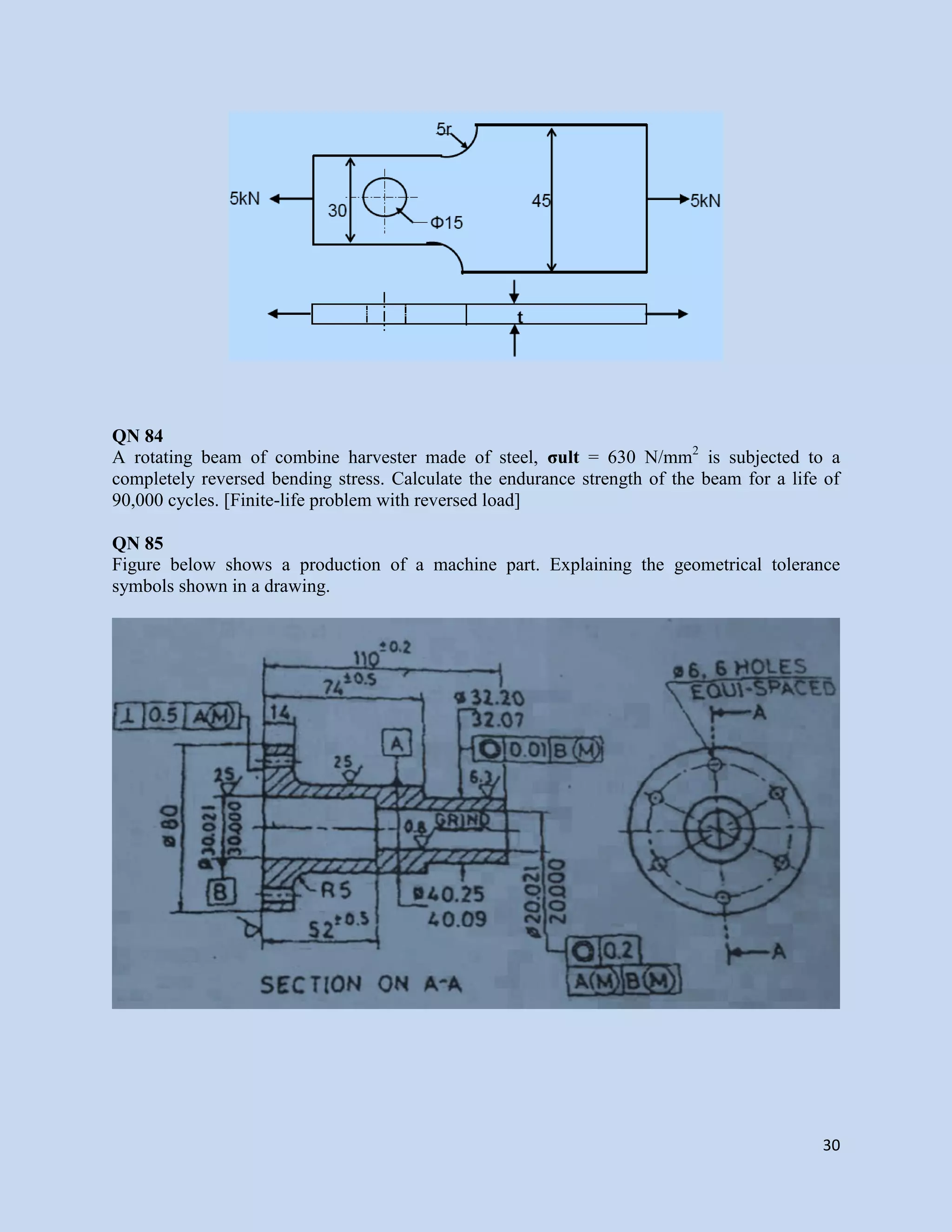 30
QN 84
A rotating beam of combine harvester made of steel, σult = 630 N/mm2
is subjected to a
completely reversed bending stress. Calculate the endurance strength of the beam for a life of
90,000 cycles. [Finite-life problem with reversed load]
QN 85
Figure below shows a production of a machine part. Explaining the geometrical tolerance
symbols shown in a drawing.
 