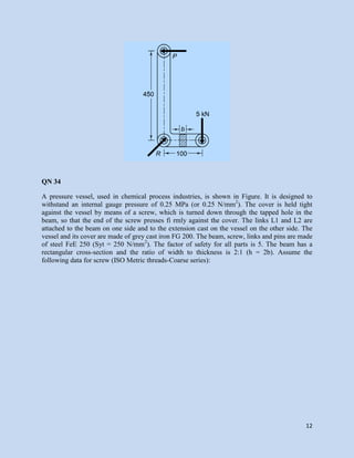 12
QN 34
A pressure vessel, used in chemical process industries, is shown in Figure. It is designed to
withstand an internal gauge pressure of 0.25 MPa (or 0.25 N/mm2
). The cover is held tight
against the vessel by means of a screw, which is turned down through the tapped hole in the
beam, so that the end of the screw presses fi rmly against the cover. The links L1 and L2 are
attached to the beam on one side and to the extension cast on the vessel on the other side. The
vessel and its cover are made of grey cast iron FG 200. The beam, screw, links and pins are made
of steel FeE 250 (Syt = 250 N/mm2
). The factor of safety for all parts is 5. The beam has a
rectangular cross-section and the ratio of width to thickness is 2:1 (h = 2b). Assume the
following data for screw (ISO Metric threads-Coarse series):
 
