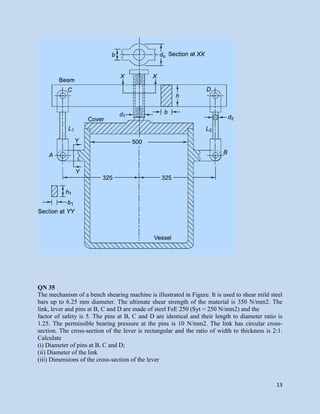 13
QN 35
The mechanism of a bench shearing machine is illustrated in Figure. It is used to shear mild steel
bars up to 6.25 mm diameter. The ultimate shear strength of the material is 350 N/mm2. The
link, lever and pins at B, C and D are made of steel FeE 250 (Syt = 250 N/mm2) and the
factor of safety is 5. The pins at B, C and D are identical and their length to diameter ratio is
1.25. The permissible bearing pressure at the pins is 10 N/mm2. The link has circular cross-
section. The cross-section of the lever is rectangular and the ratio of width to thickness is 2:1.
Calculate
(i) Diameter of pins at B, C and D;
(ii) Diameter of the link
(iii) Dimensions of the cross-section of the lever
 