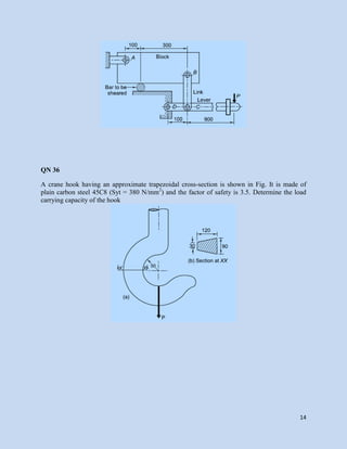 14
QN 36
A crane hook having an approximate trapezoidal cross-section is shown in Fig. It is made of
plain carbon steel 45C8 (Syt = 380 N/mm2
) and the factor of safety is 3.5. Determine the load
carrying capacity of the hook
 