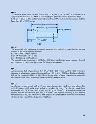 25
QN 61
A cantilever beam made of cold drawn steel 20C8 (Sut = 540 N/mm2
) is subjected to a
completely reversed load of 1000 N as shown in Figure. The notch sensitivity factor q at the
fillet can be taken as 0.85 and the expected reliability is 90%. Determine the diameter d of the
beam for a life of 10000 cycles.
QN 62
The work cycle of a mechanical component subjected to completely reversed bending stresses
consists of the following three elements:
(i) ± 350 N/mm2 for 85% of time
(ii) ± 400 N/mm2 for 12% of time
(iii) ± 500 N/mm2 for 3% of time
The material for the component is 50C4 (Sut =660 N/mm2
) and the corrected endurance limit of
the component is 280 N/mm2
. Determine the life of the component.
QN 63
A transmission shaft of cold drawn steel 27Mn2
(Sut = 500 N/mm2
and Syt = 300 N/mm2
) is
subjected to a fluctuating torque which varies from –100 N-m to + 400 N-m. The factor of safety
is 2 and the expected reliability is 90%. Neglecting the effect of stress concentration, determine
the diameter of the shaft. Assume the distortion energy theory of failure.
QN 64
A spherical pressure vessel, with a 500 mm inner diameter, is welded from steel plates. The
welded joints are sufficiently strong and do not weaken the vessel. The plates are made from
cold drawn steel 20C8 (Sut = 440 N/mm2 and Syt = 242 N/mm2
). The vessel is subjected to
internal pressure, which varies from zero to 6 N/mm2
. The expected reliability is 50% and the
factor of safety is 3.5. The size factor is 0.85. The vessel is expected to withstand infinite number
of stress cycles. Calculate the thickness of the plates.
 