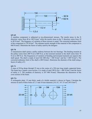 27
QN 69
A machine component is subjected to two-dimensional stresses. The tensile stress in the X
direction varies from 40 to 100 N/mm2
while the tensile stress in the Y direction varies from 10
to 80 N/mm2
. The frequency of variation of these stresses is equal. The corrected endurance limit
of the component is 270 N/mm2
. The ultimate tensile strength of the material of the component is
660 N/mm2. Determine the factor of safety used by the designer.
QN 70
A transmission shaft carries a pulley midway between the two bearings. The bending moment at
the pulley varies from 200 N-m to 600 N-m, as the torsional moment in the shaft varies from 70
N-m to 200 N-m. The frequencies of variation of bending and torsional moments are equal to the
shaft speed. The shaft is made of steel FeE 400 (Sut = 540 N/mm2
and Syt = 400 N/mm2
). The
corrected endurance limit of the shaft is 200 N/mm2. Determine the diameter of the shaft using a
factor of safety of 2.
QN 71
A mass of 50 kg drops through 25 mm at the centre of a 250 mm long simply supported beam.
The beam has a square cross-section. It is made of steel 30C8 (Syt = 400 N/mm2
) and the factor
of safety is 2. The modulus of elasticity is 207 000 N/mm2. Determine the dimension of the
cross section of the beam.
QN 72+
A rectangular plate, 15 mm thick, made of a brittle material is shown in Figure. Calculate the
stresses at each of three holes of 3, 5 and 10 mm diameter.[161.82, 167.33 and 200 N/mm2
]
 