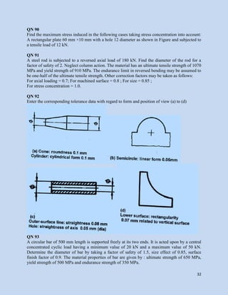 32
QN 90
Find the maximum stress induced in the following cases taking stress concentration into account:
A rectangular plate 60 mm ×10 mm with a hole 12 diameter as shown in Figure and subjected to
a tensile load of 12 kN.
QN 91
A steel rod is subjected to a reversed axial load of 180 kN. Find the diameter of the rod for a
factor of safety of 2. Neglect column action. The material has an ultimate tensile strength of 1070
MPa and yield strength of 910 MPa. The endurance limit in reversed bending may be assumed to
be one-half of the ultimate tensile strength. Other correction factors may be taken as follows:
For axial loading = 0.7; For machined surface = 0.8 ; For size = 0.85 ;
For stress concentration = 1.0.
QN 92
Enter the corresponding tolerance data with regard to form and position of view (a) to (d)
QN 93
A circular bar of 500 mm length is supported freely at its two ends. It is acted upon by a central
concentrated cyclic load having a minimum value of 20 kN and a maximum value of 50 kN.
Determine the diameter of bar by taking a factor of safety of 1.5, size effect of 0.85, surface
finish factor of 0.9. The material properties of bar are given by : ultimate strength of 650 MPa,
yield strength of 500 MPa and endurance strength of 350 MPa.
 