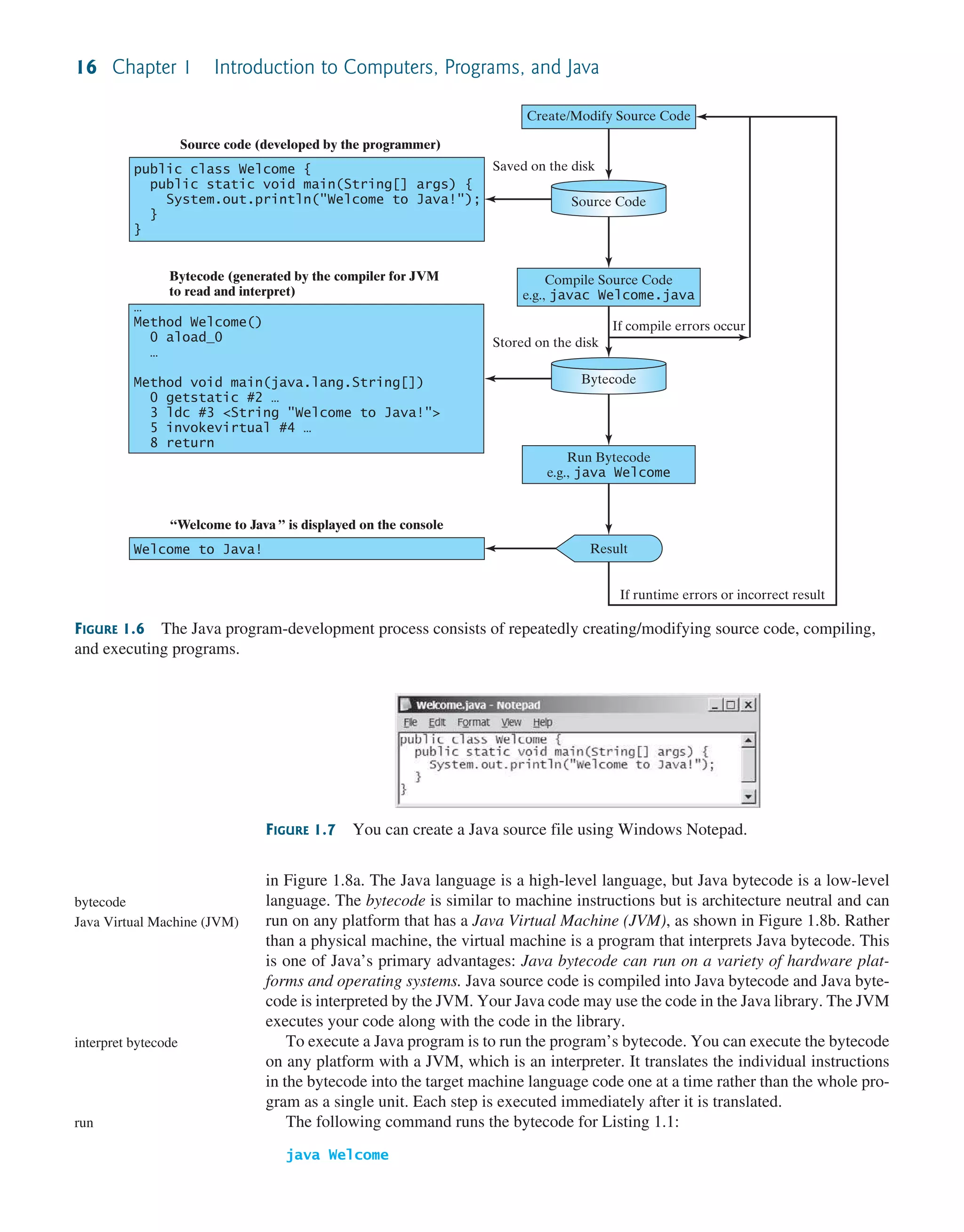 16 Chapter 1 Introduction to Computers, Programs, and Java in Figure 1.8a. The Java language is a high-level language, but Java bytecode is a low-level language. The bytecode is similar to machine instructions but is architecture neutral and can run on any platform that has a Java Virtual Machine (JVM), as shown in Figure 1.8b. Rather than a physical machine, the virtual machine is a program that interprets Java bytecode. This is one of Java’s primary advantages: Java bytecode can run on a variety of hardware plat- forms and operating systems. Java source code is compiled into Java bytecode and Java byte- code is interpreted by the JVM. Your Java code may use the code in the Java library. The JVM executes your code along with the code in the library. To execute a Java program is to run the program’s bytecode. You can execute the bytecode on any platform with a JVM, which is an interpreter. It translates the individual instructions in the bytecode into the target machine language code one at a time rather than the whole pro- gram as a single unit. Each step is executed immediately after it is translated. The following command runs the bytecode for Listing 1.1: java Welcome bytecode Java Virtual Machine (JVM) interpret bytecode run FIGURE 1.6 The Java program-development process consists of repeatedly creating/modifying source code, compiling, and executing programs. Create/Modify Source Code Result Compile Source Code e.g., javac Welcome.java Saved on the disk Stored on the disk If compile errors occur If runtime errors or incorrect result Source code (developed by the programmer) Bytecode (generated by the compiler for JVM to read and interpret) … Method Welcome() 0 aload_0 … Method void main(java.lang.String[]) 0 getstatic #2 … 3 ldc #3 <String "Welcome to Java!"> 5 invokevirtual #4 … 8 return public class Welcome { public static void main(String[] args) { System.out.println("Welcome to Java!"); } } Run Bytecode e.g., java Welcome Source Code Bytecode “Welcome to Java ” is displayed on the console Welcome to Java! FIGURE 1.7 You can create a Java source file using Windows Notepad. 