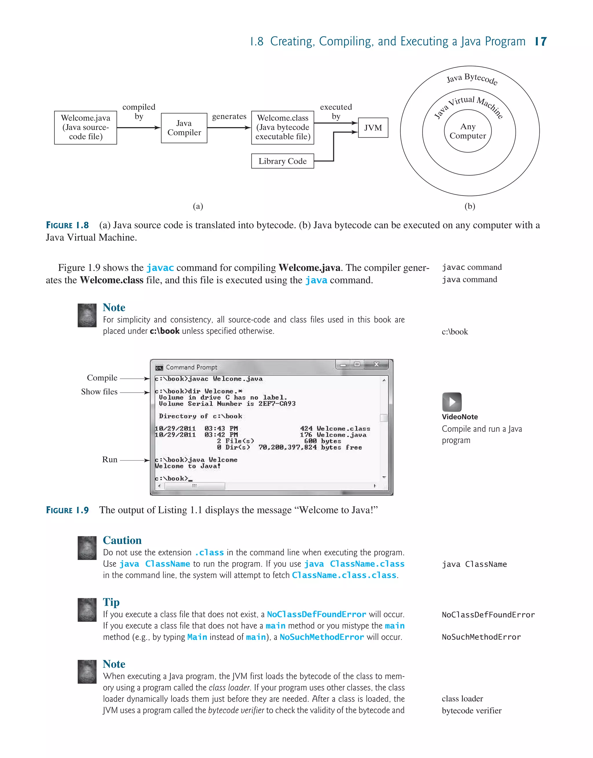 1.8 Creating, Compiling, and Executing a Java Program 17 Figure 1.9 shows the javac command for compiling Welcome.java. The compiler gener- ates the Welcome.class file, and this file is executed using the java command. Note For simplicity and consistency, all source-code and class files used in this book are placed under c:book unless specified otherwise. javac command java command c:book VideoNote Compile and run a Java program FIGURE 1.8 (a) Java source code is translated into bytecode. (b) Java bytecode can be executed on any computer with a Java Virtual Machine. J a va Virtual Mach i n e Any Computer Java Bytecode Welcome.java (Java source- code file) Welcome.class (Java bytecode executable file) Library Code JVM Java Compiler compiled by generates executed by (a) (b) FIGURE 1.9 The output of Listing 1.1 displays the message “Welcome to Java!” Compile Show files Run Caution Do not use the extension .class in the command line when executing the program. Use java ClassName to run the program. If you use java ClassName.class in the command line, the system will attempt to fetch ClassName.class.class. Tip If you execute a class file that does not exist, a NoClassDefFoundError will occur. If you execute a class file that does not have a main method or you mistype the main method (e.g., by typing Main instead of main), a NoSuchMethodError will occur. Note When executing a Java program, the JVM first loads the bytecode of the class to mem- ory using a program called the class loader. If your program uses other classes, the class loader dynamically loads them just before they are needed. After a class is loaded, the JVM uses a program called the bytecode verifier to check the validity of the bytecode and java ClassName NoClassDefFoundError NoSuchMethodError class loader bytecode verifier 