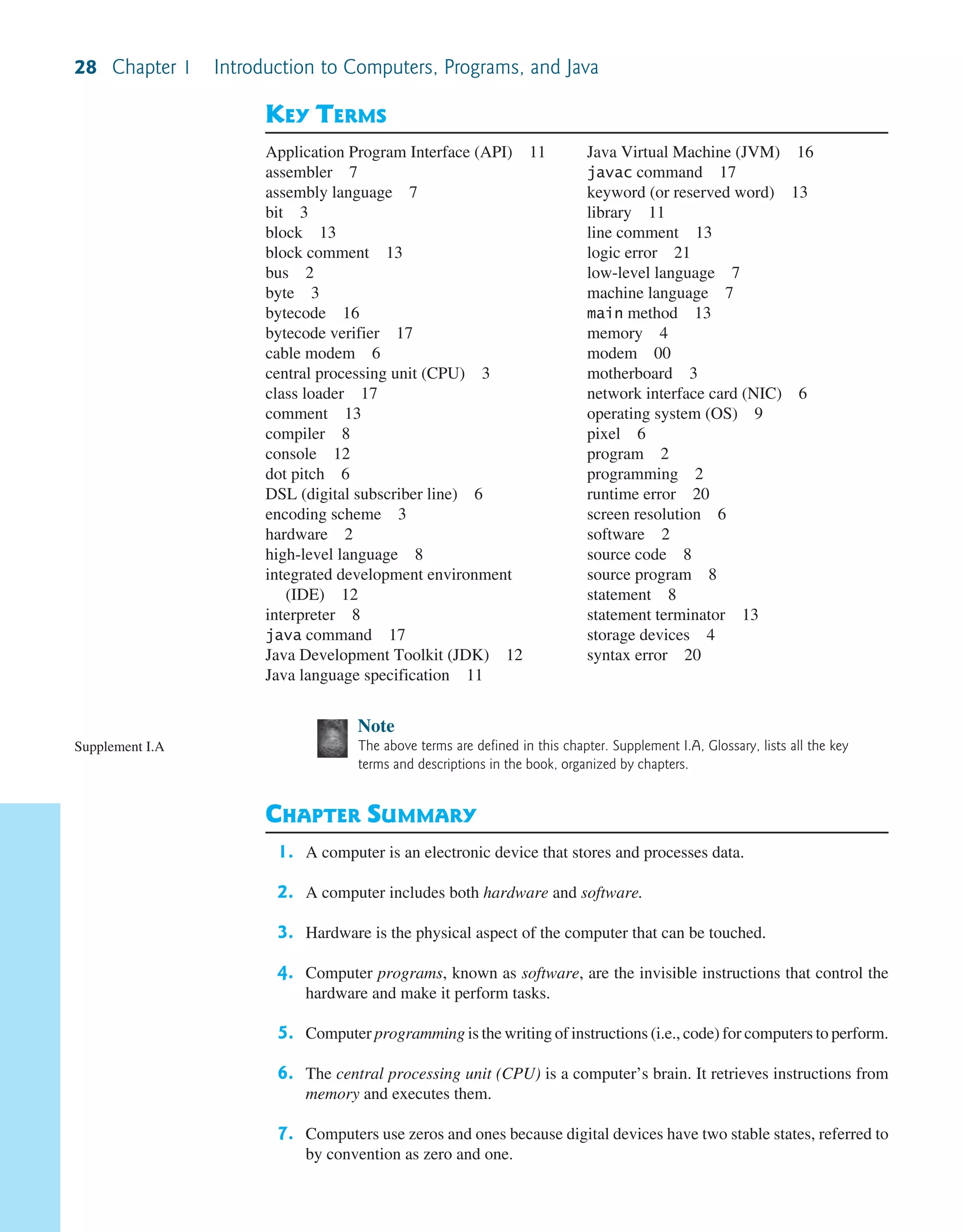 28 Chapter 1 Introduction to Computers, Programs, and Java Note The above terms are defined in this chapter. Supplement I.A, Glossary, lists all the key terms and descriptions in the book, organized by chapters. CHAPTER SUMMARY 1. A computer is an electronic device that stores and processes data. 2. A computer includes both hardware and software. 3. Hardware is the physical aspect of the computer that can be touched. 4. Computer programs, known as software, are the invisible instructions that control the hardware and make it perform tasks. 5. Computer programming is the writing of instructions (i.e., code) for computers to perform. 6. The central processing unit (CPU) is a computer’s brain. It retrieves instructions from memory and executes them. 7. Computers use zeros and ones because digital devices have two stable states, referred to by convention as zero and one. Supplement I.A KEY TERMS Application Program Interface (API) 11 assembler 7 assembly language 7 bit 3 block 13 block comment 13 bus 2 byte 3 bytecode 16 bytecode verifier 17 cable modem 6 central processing unit (CPU) 3 class loader 17 comment 13 compiler 8 console 12 dot pitch 6 DSL (digital subscriber line) 6 encoding scheme 3 hardware 2 high-level language 8 integrated development environment (IDE) 12 interpreter 8 java command 17 Java Development Toolkit (JDK) 12 Java language specification 11 Java Virtual Machine (JVM) 16 javac command 17 keyword (or reserved word) 13 library 11 line comment 13 logic error 21 low-level language 7 machine language 7 main method 13 memory 4 modem 00 motherboard 3 network interface card (NIC) 6 operating system (OS) 9 pixel 6 program 2 programming 2 runtime error 20 screen resolution 6 software 2 source code 8 source program 8 statement 8 statement terminator 13 storage devices 4 syntax error 20 