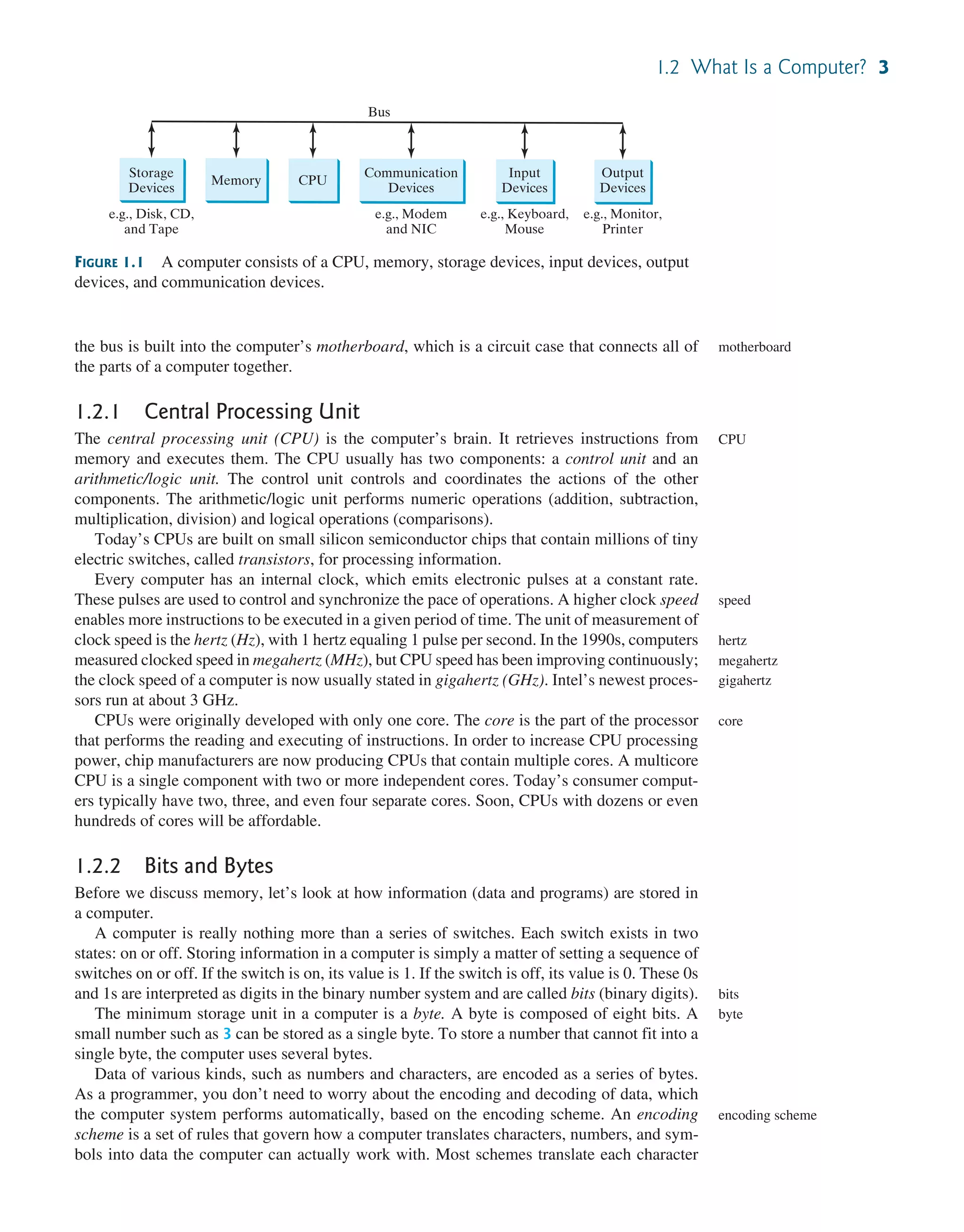 1.2 What Is a Computer? 3 the bus is built into the computer’s motherboard, which is a circuit case that connects all of the parts of a computer together. 1.2.1 Central Processing Unit The central processing unit (CPU) is the computer’s brain. It retrieves instructions from memory and executes them. The CPU usually has two components: a control unit and an arithmetic/logic unit. The control unit controls and coordinates the actions of the other components. The arithmetic/logic unit performs numeric operations (addition, subtraction, multiplication, division) and logical operations (comparisons). Today’s CPUs are built on small silicon semiconductor chips that contain millions of tiny electric switches, called transistors, for processing information. Every computer has an internal clock, which emits electronic pulses at a constant rate. These pulses are used to control and synchronize the pace of operations. A higher clock speed enables more instructions to be executed in a given period of time. The unit of measurement of clock speed is the hertz (Hz), with 1 hertz equaling 1 pulse per second. In the 1990s, computers measured clocked speed in megahertz (MHz), but CPU speed has been improving continuously; the clock speed of a computer is now usually stated in gigahertz (GHz). Intel’s newest proces- sors run at about 3 GHz. CPUs were originally developed with only one core. The core is the part of the processor that performs the reading and executing of instructions. In order to increase CPU processing power, chip manufacturers are now producing CPUs that contain multiple cores. A multicore CPU is a single component with two or more independent cores. Today’s consumer comput- ers typically have two, three, and even four separate cores. Soon, CPUs with dozens or even hundreds of cores will be affordable. 1.2.2 Bits and Bytes Before we discuss memory, let’s look at how information (data and programs) are stored in a computer. A computer is really nothing more than a series of switches. Each switch exists in two states: on or off. Storing information in a computer is simply a matter of setting a sequence of switches on or off. If the switch is on, its value is 1. If the switch is off, its value is 0. These 0s and 1s are interpreted as digits in the binary number system and are called bits (binary digits). The minimum storage unit in a computer is a byte. A byte is composed of eight bits. A small number such as 3 can be stored as a single byte. To store a number that cannot fit into a single byte, the computer uses several bytes. Data of various kinds, such as numbers and characters, are encoded as a series of bytes. As a programmer, you don’t need to worry about the encoding and decoding of data, which the computer system performs automatically, based on the encoding scheme. An encoding scheme is a set of rules that govern how a computer translates characters, numbers, and sym- bols into data the computer can actually work with. Most schemes translate each character motherboard CPU speed hertz megahertz gigahertz core bits byte encoding scheme FIGURE 1.1 A computer consists of a CPU, memory, storage devices, input devices, output devices, and communication devices. Memory e.g., Disk, CD, and Tape e.g., Modem and NIC e.g., Keyboard, Mouse e.g., Monitor, Printer CPU Bus Storage Devices Communication Devices Input Devices Output Devices 