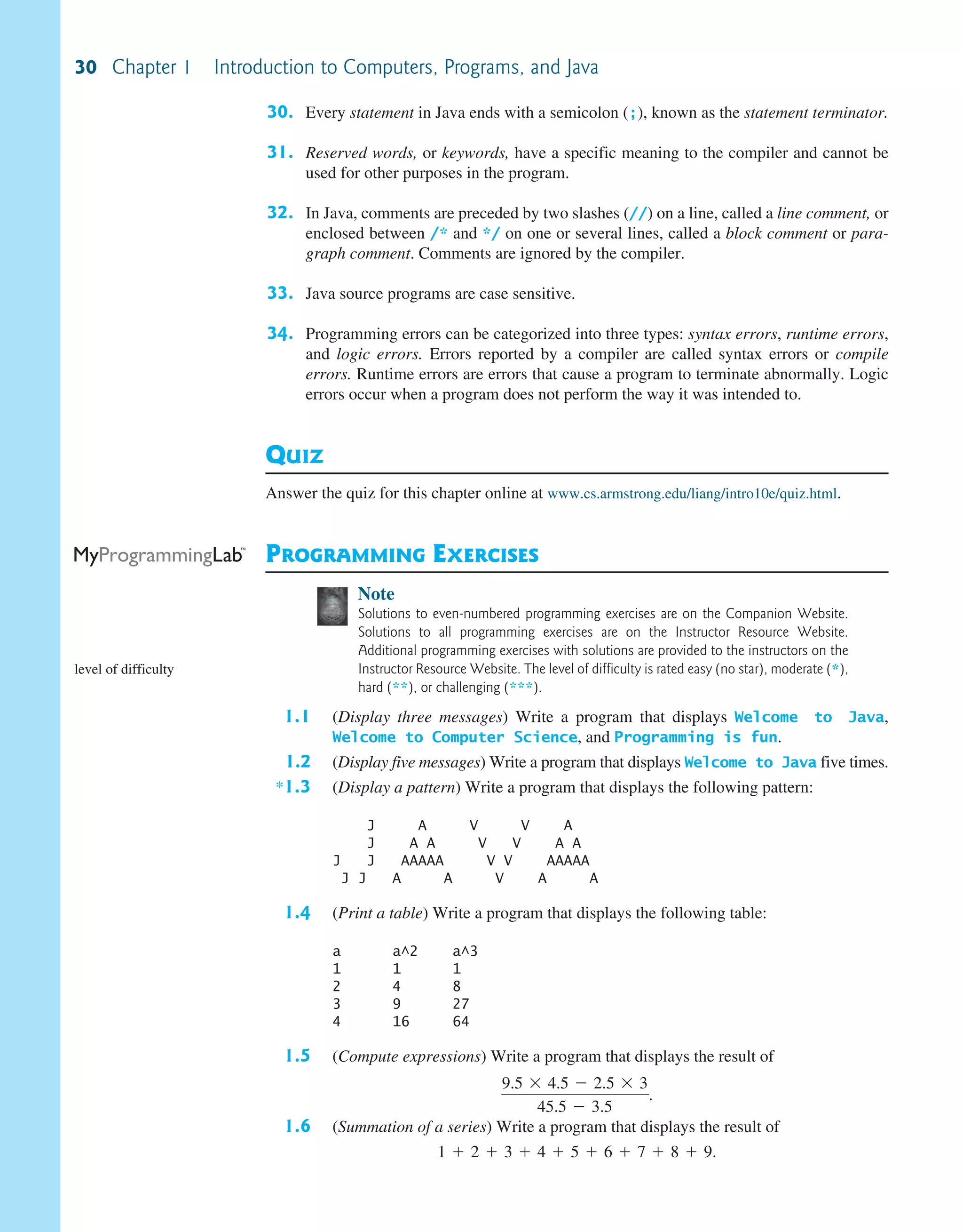 30 Chapter 1 Introduction to Computers, Programs, and Java 30. Every statement in Java ends with a semicolon (;), known as the statement terminator. 31. Reserved words, or keywords, have a specific meaning to the compiler and cannot be used for other purposes in the program. 32. In Java, comments are preceded by two slashes (//) on a line, called a line comment, or enclosed between /* and */ on one or several lines, called a block comment or para- graph comment. Comments are ignored by the compiler. 33. Java source programs are case sensitive. 34. Programming errors can be categorized into three types: syntax errors, runtime errors, and logic errors. Errors reported by a compiler are called syntax errors or compile errors. Runtime errors are errors that cause a program to terminate abnormally. Logic errors occur when a program does not perform the way it was intended to. QUIZ Answer the quiz for this chapter online at www.cs.armstrong.edu/liang/intro10e/quiz.html. PROGRAMMING EXERCISES Note Solutions to even-numbered programming exercises are on the Companion Website. Solutions to all programming exercises are on the Instructor Resource Website. Additional programming exercises with solutions are provided to the instructors on the Instructor Resource Website. The level of difficulty is rated easy (no star), moderate (*), hard (**), or challenging (***). 1.1 (Display three messages) Write a program that displays Welcome to Java, Welcome to Computer Science, and Programming is fun. 1.2 (Display five messages) Write a program that displays Welcome to Java five times. *1.3 (Display a pattern) Write a program that displays the following pattern: J A V V A J A A V V A A J J AAAAA V V AAAAA J J A A V A A 1.4 (Print a table) Write a program that displays the following table: a a^2 a^3 1 1 1 2 4 8 3 9 27 4 16 64 1.5 (Compute expressions) Write a program that displays the result of 9.5 * 4.5 - 2.5 * 3 45.5 - 3.5 . 1.6 (Summation of a series) Write a program that displays the result of 1 + 2 + 3 + 4 + 5 + 6 + 7 + 8 + 9. level of difficulty 