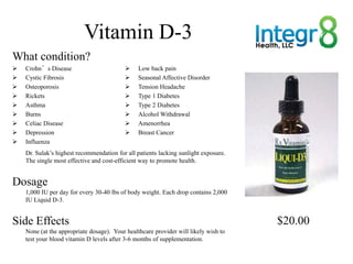 Vitamin D-3
What condition?
   Crohn’s Disease                            Low back pain
   Cystic Fibrosis             ...