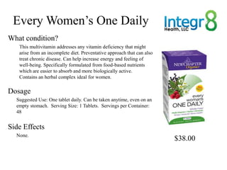 Every Women’s One Daily
What condition?
   This multivitamin addresses any vitamin deficiency that might
   arise from an ...