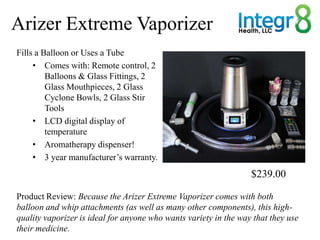 Arizer Extreme Vaporizer
Fills a Balloon or Uses a Tube
     • Comes with: Remote control, 2
         Balloons & Glass Fit...