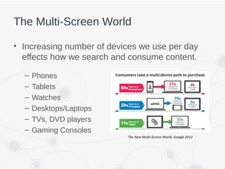 The Multi-Screen World
• Increasing number of devices we use per day
effects how we search and consume content.
– Phones
– Tablets
– Watches
– Desktops/Laptops
– TVs, DVD players
– Gaming Consoles
The New Multi-Screen World, Google 2012
 