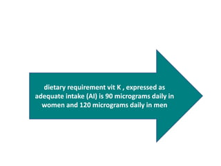 dietary requirement vit K , expressed as
adequate intake (AI) is 90 micrograms daily in
women and 120 micrograms daily in men
 