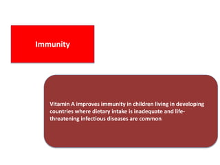 Immunity
Vitamin A improves immunity in children living in developing
countries where dietary intake is inadequate and life-
threatening infectious diseases are common
 