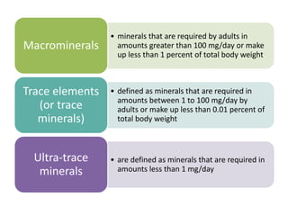 • minerals that are required by adults in
amounts greater than 100 mg/day or make
up less than 1 percent of total body weight
Macrominerals
• defined as minerals that are required in
amounts between 1 to 100 mg/day by
adults or make up less than 0.01 percent of
total body weight
Trace elements
(or trace
minerals)
• are defined as minerals that are required in
amounts less than 1 mg/day
Ultra-trace
minerals
 