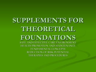 SUPPLEMENTS FOR THEORETICAL FOUNDATIONS SAFE AND EFFECTIVE CARE ENVIRONMENT HEALTH PROMOTION AND MAINTENANCE FUNDAMENTAL CONCEPTS REDUCTION OF RISK POTENTIAL THERAPIES AND PROCEDURES 