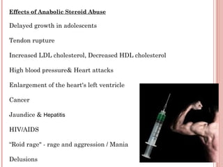Effects of Anabolic Steroid Abuse

Delayed growth in adolescents

Tendon rupture

Increased LDL cholesterol, Decreased HDL cholesterol

High blood pressure& Heart attacks

Enlargement of the heart's left ventricle

Cancer

Jaundice & Hepatitis

HIV/AIDS

“Roid rage" - rage and aggression / Mania

Delusions
 